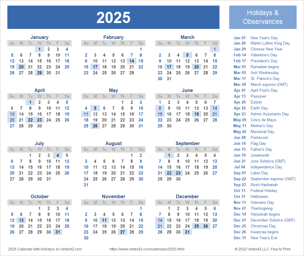 2025 Yearly Calendar With Holidays Printable Calendars 2025