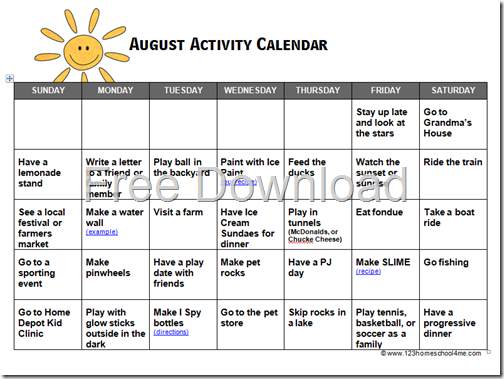 123 Homeschool 4 Me August Activity Calendar For Kids Free Printable