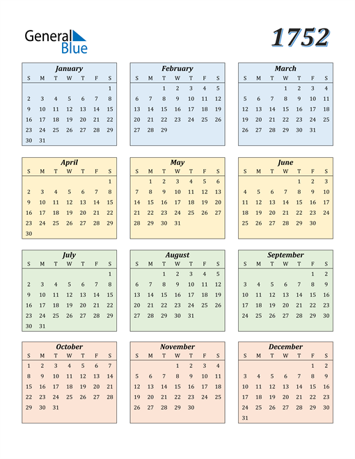 1752 Calendar PDF Word Excel 