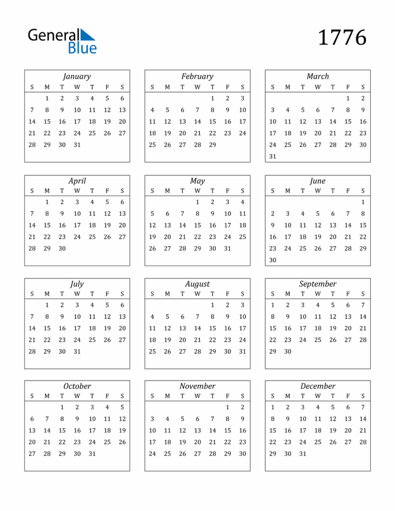 1776 Calendar PDF Word Excel 