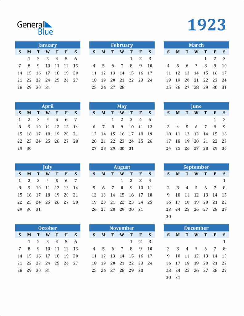 1923 Calendar PDF Word Excel 