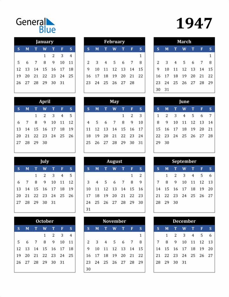 1947 Calendar PDF Word Excel 