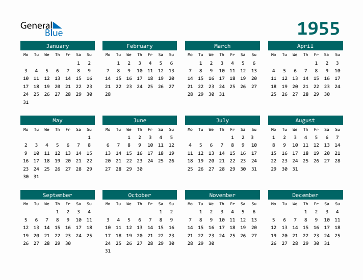 1955 Yearly Calendar Templates With Monday Start