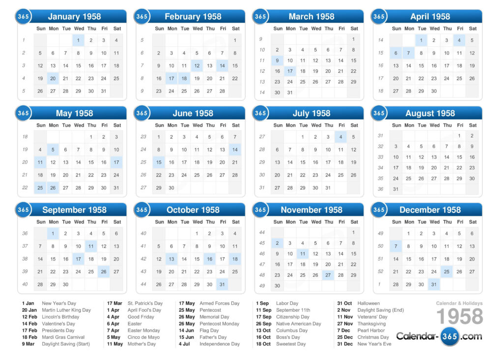 1958 Calendar