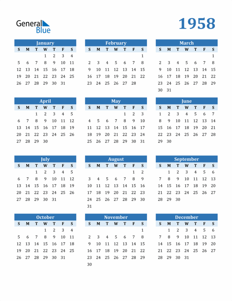 1958 Calendar PDF Word Excel 