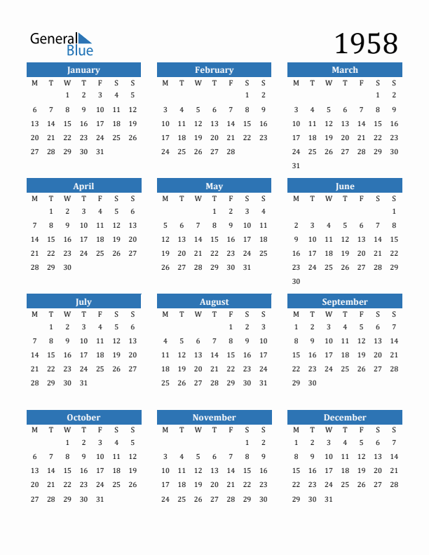 1958 Yearly Calendar Templates With Monday Start