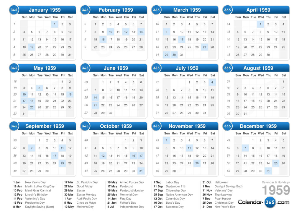 1959 Calendar