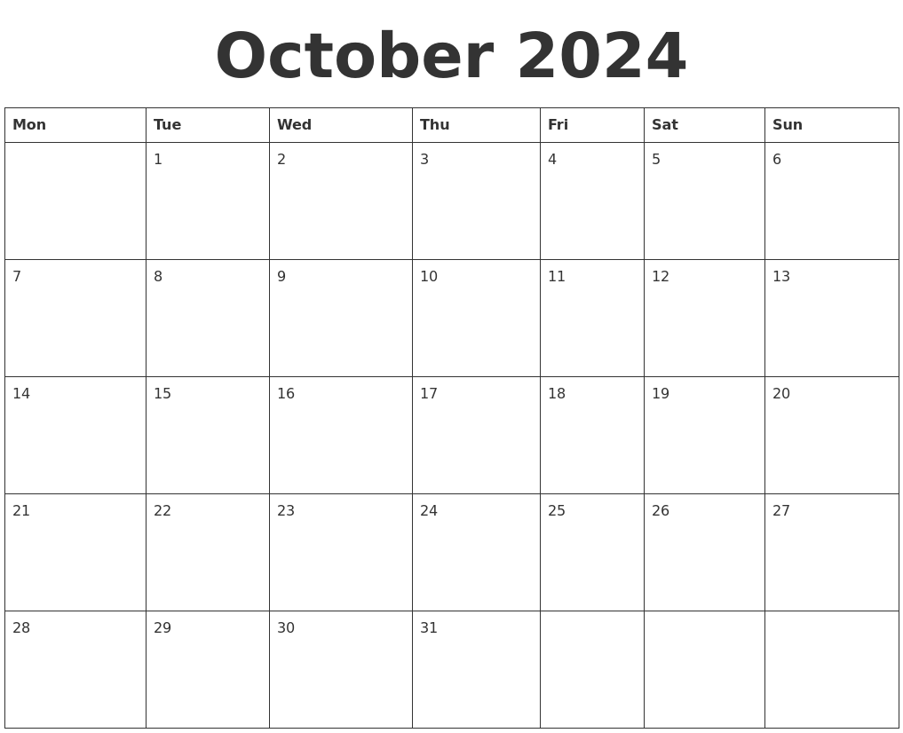 2024 October Calendar Printable Free Pdf Blank Calendar Template 