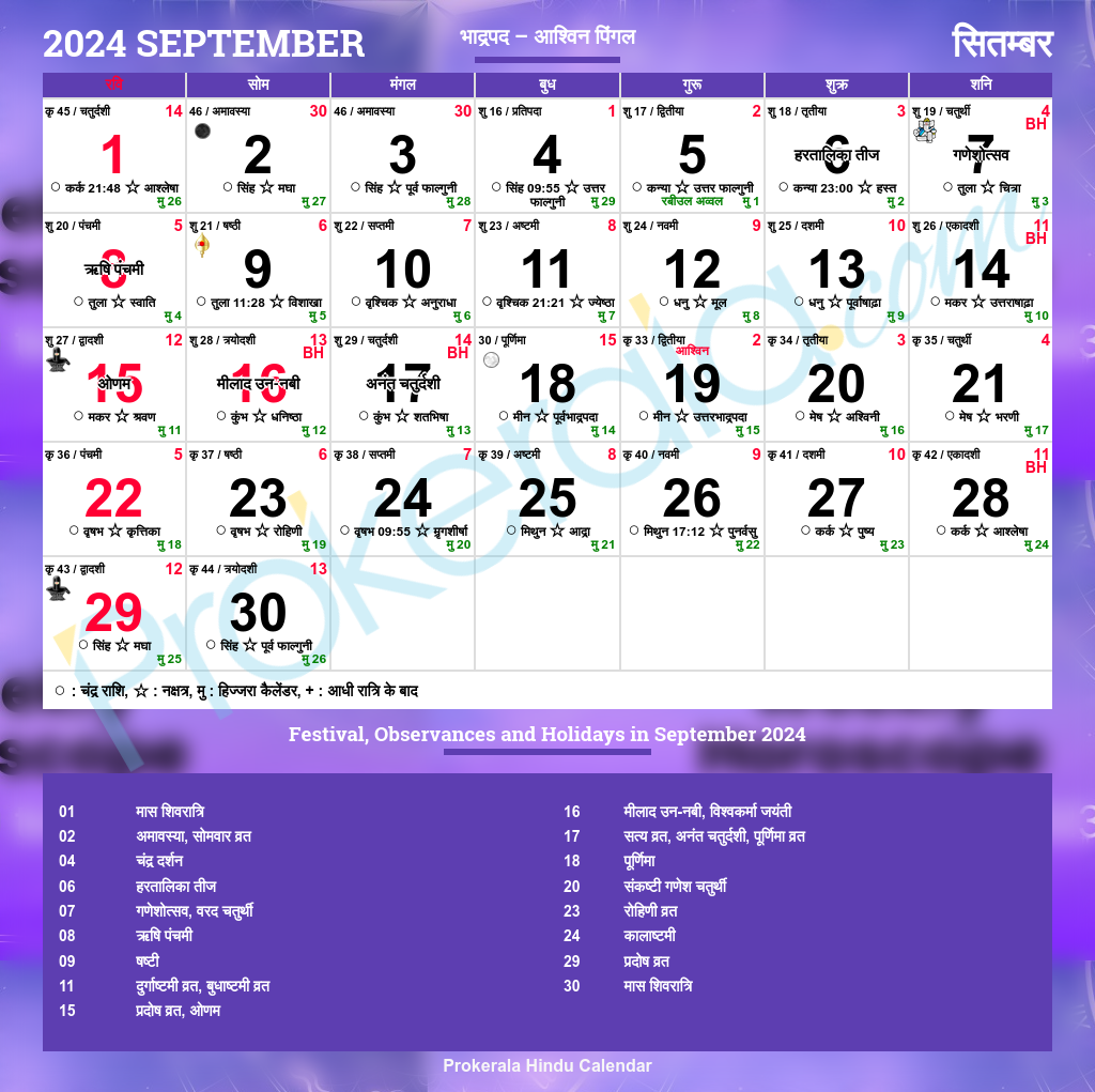 2024 September Calendar With Nakshatra Printable Calendar 2025