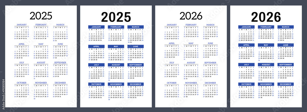 2025 And 2026 Calendar Set Vector Pocket Calender Design Week Starts