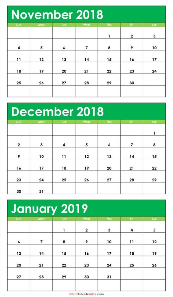 3 Month Calendar November December January Calendar Template 2020 