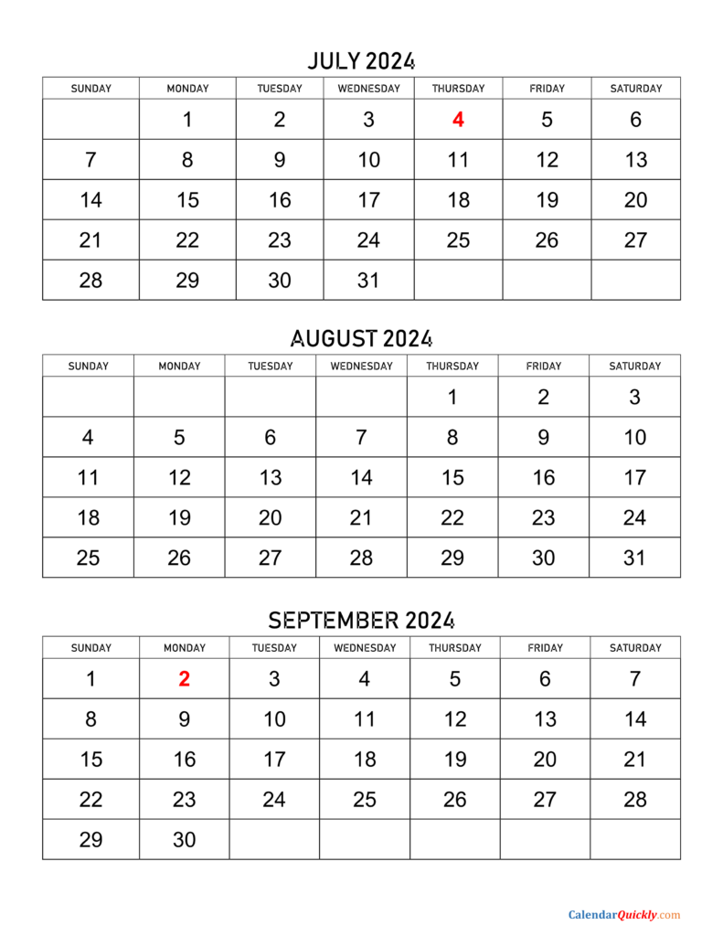 3 Month Vertical Calendar July September 2024 Printable Calendar 2025
