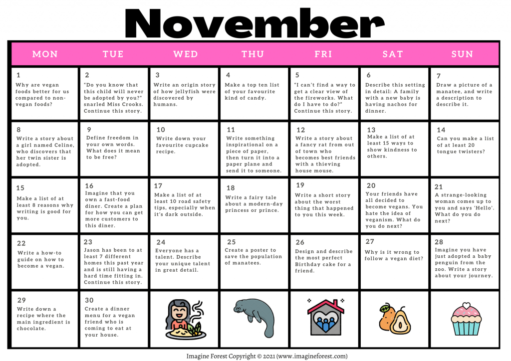 30 November Writing Prompts FREE Calendar Printable Imagine Forest
