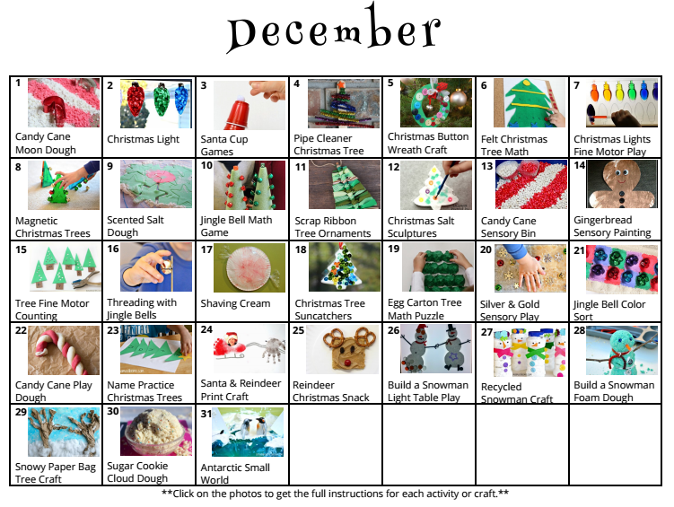 31 Days Of Kids Activities For December Free Activity Calendar 