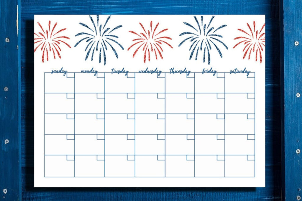 4th Of July Printable Calendar Independence Day Fireworks Etsy