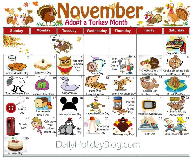 A November Calendar With Cartoon Animals And Other Things To Do In The 