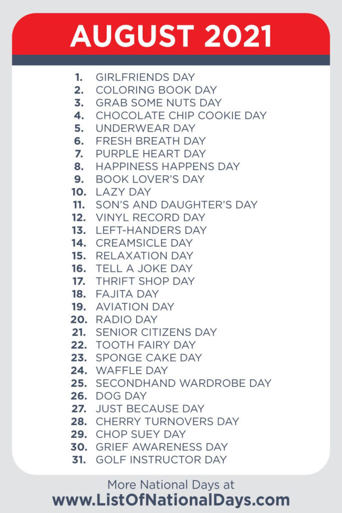 A Printable List Of National Days In August 2021 National Days In 