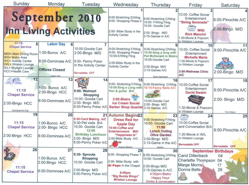 Assisted Living Activity Calendars