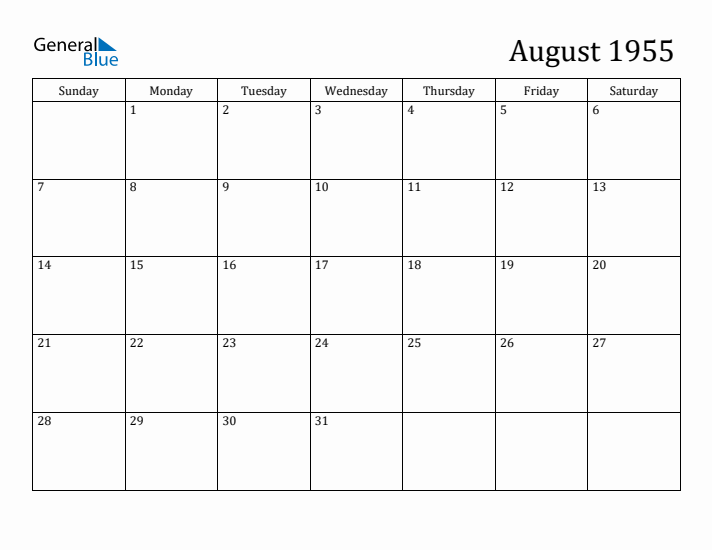 August 1955 Monthly Calendar PDF Word Excel 