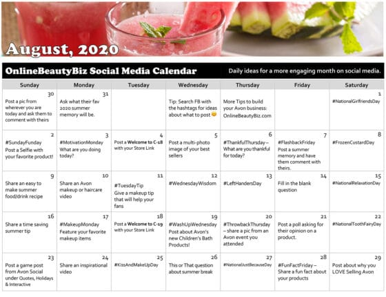 August 2020 Social Media Posts Calendar