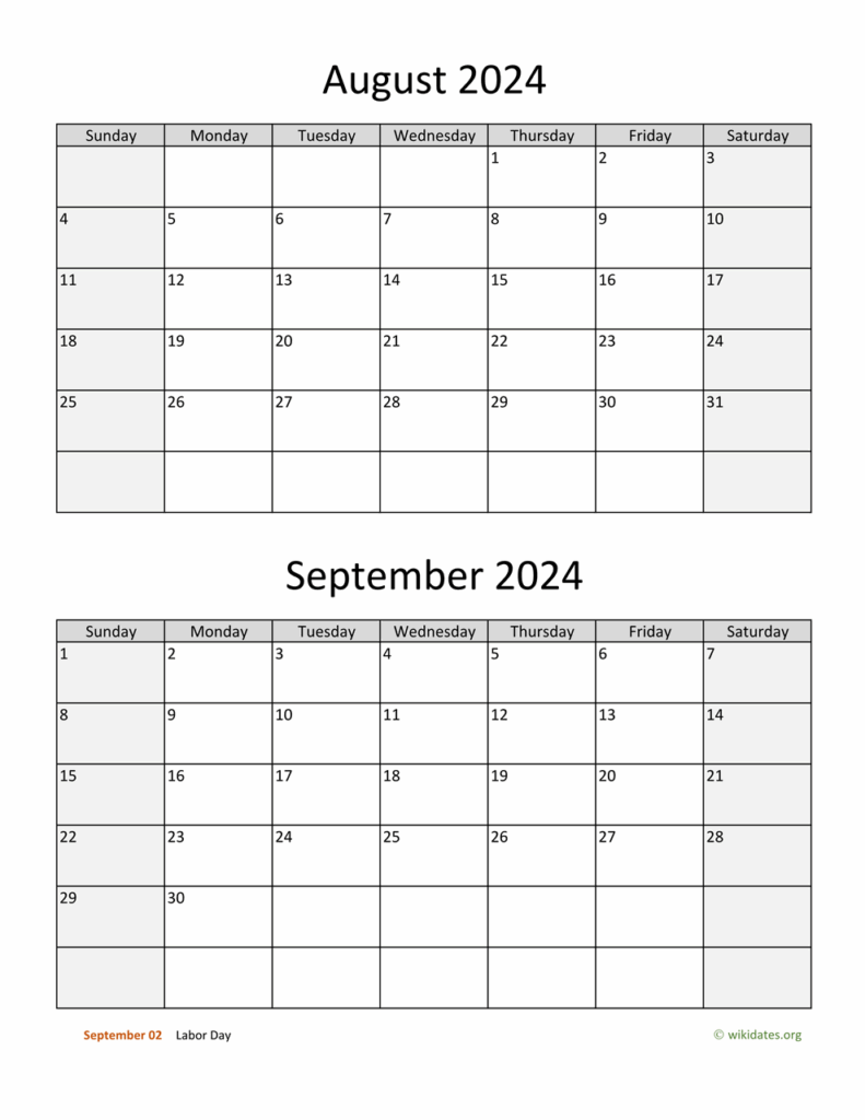 August 2024 And September 2024 Calendar Printable Free Dara Agnella