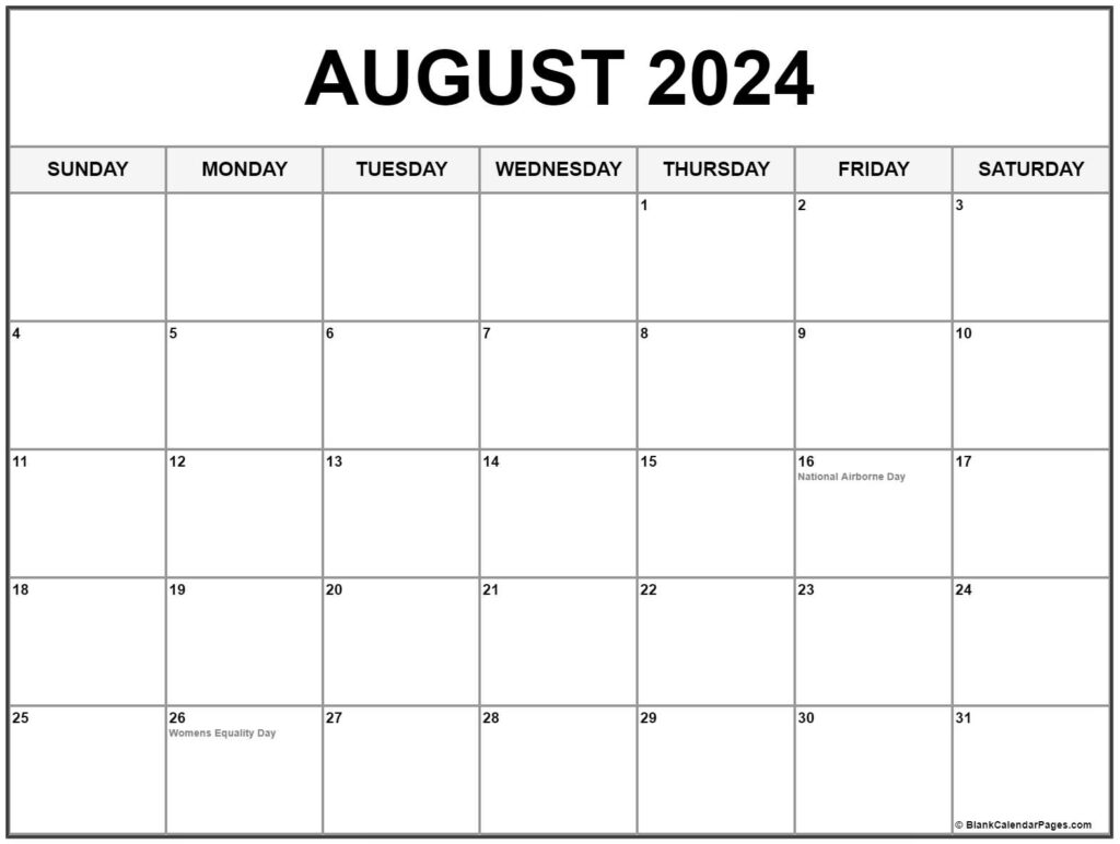 August 2024 With Holidays Calendar