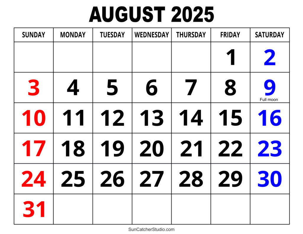August 2025 Calendar Free Printable DIY Projects Patterns 