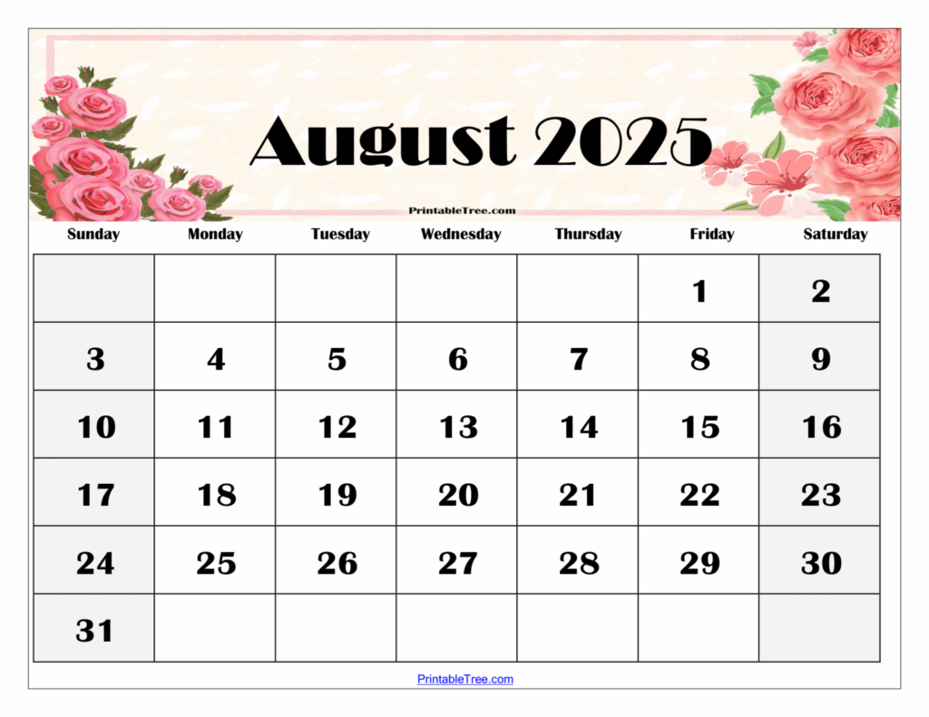 August 2025 Calendar Printable PDF Template With Holidays