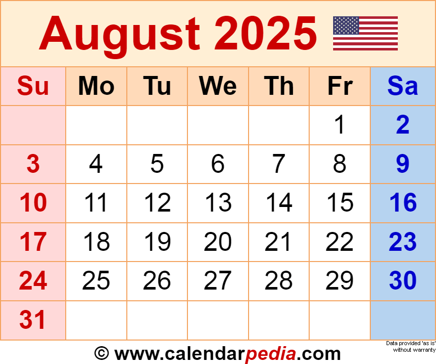 August 2025 Calendar Templates For PDF Excel And Word