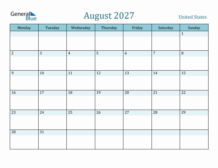 August 2027 United States Monthly Calendar With Holidays