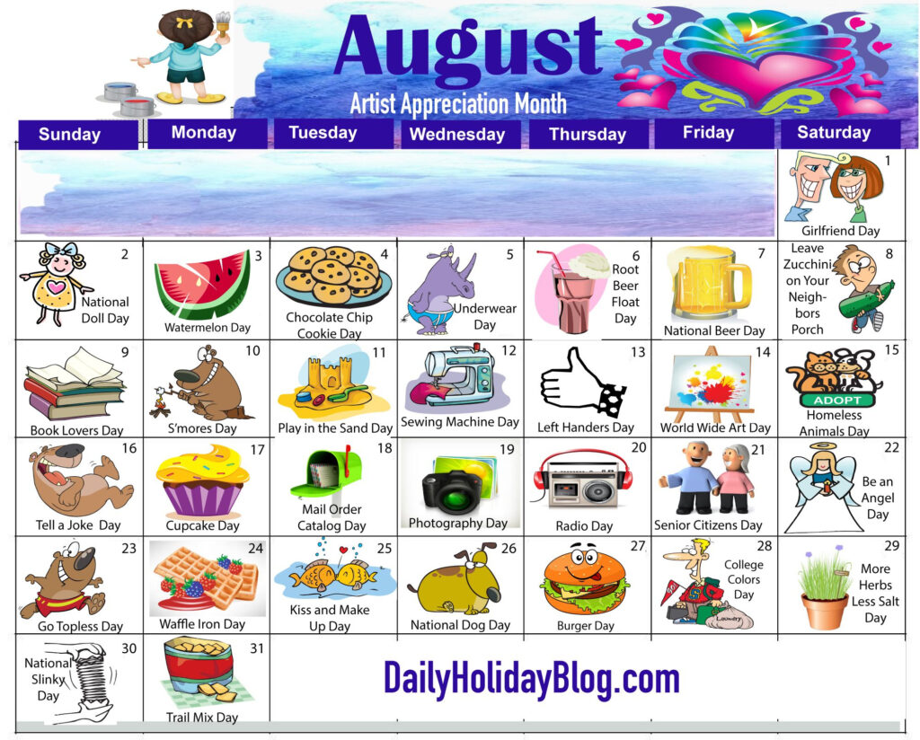 August Calendar Holiday Calendar National Day Calendar