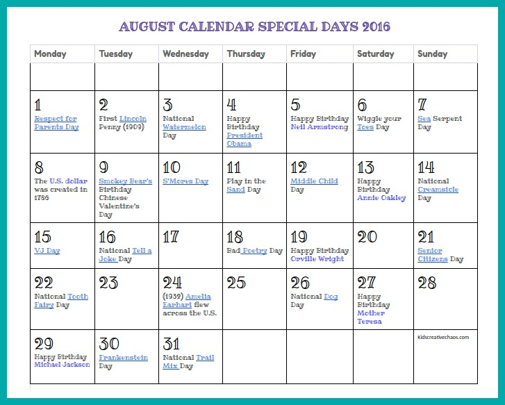 August Calendar Printable Special Days Kids Creative Chaos