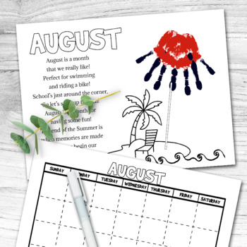 AUGUST CALENDAR TEMPLATE HANDPRINT CRAFT POEM PRE SCHOOL PRINTABLE