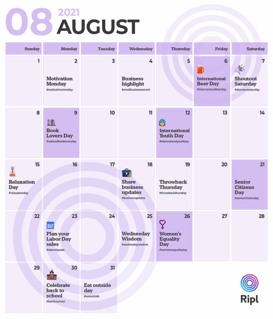 August Social Media Holiday Content Calendar