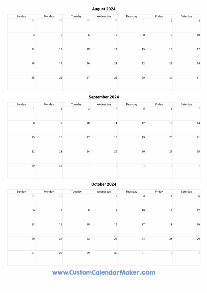 August To October 2024 Calendar Printable