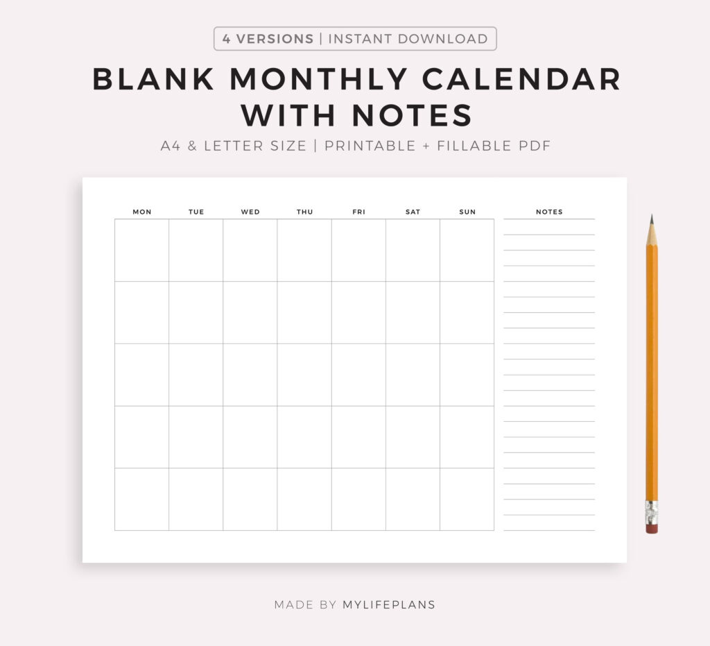 Blank Monthly Calendar With Notes Landscape Printable PDF