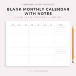 Blank Monthly Calendar With Notes Landscape Printable PDF
