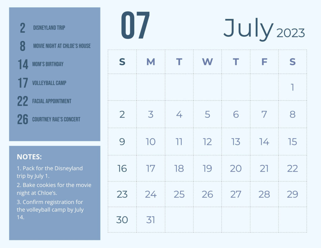 Blue July 2023 Calendar Template In Google Sheets Google Docs 