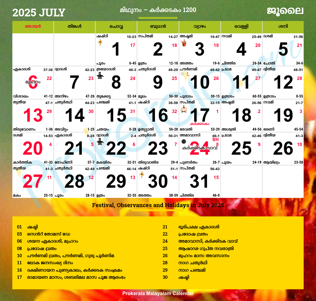Calendar 2025 July Malayalam Samantha S Acosta