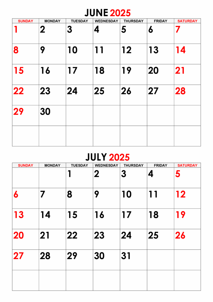 Calendar For June July 2025 Free calendar su