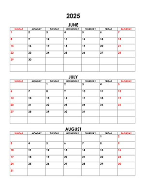 Calendar For June July August 2025 Free calendar su