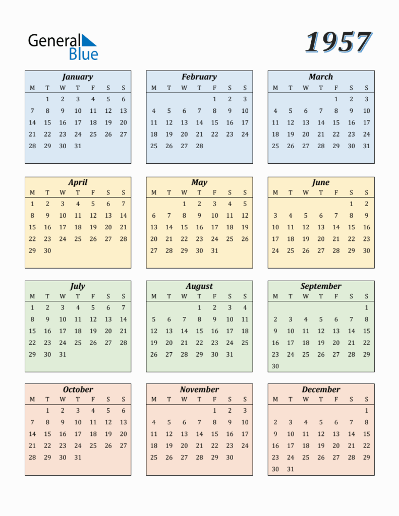 Calendar For Year 1957