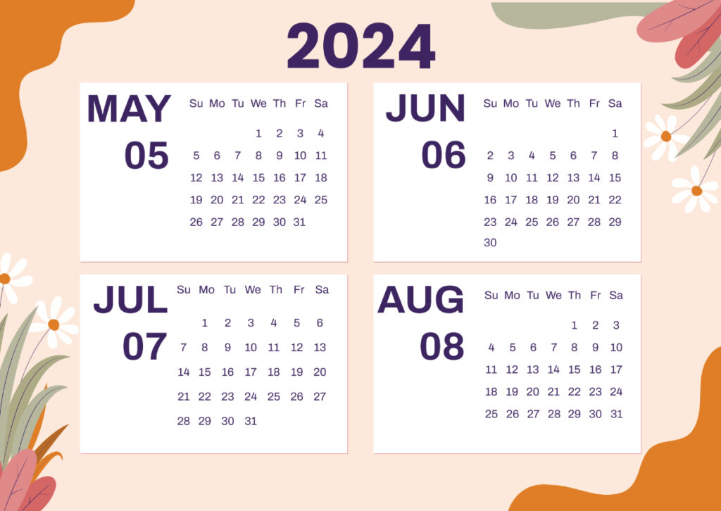 Calendar May Through August 2024 Pdf Vikki Orelia