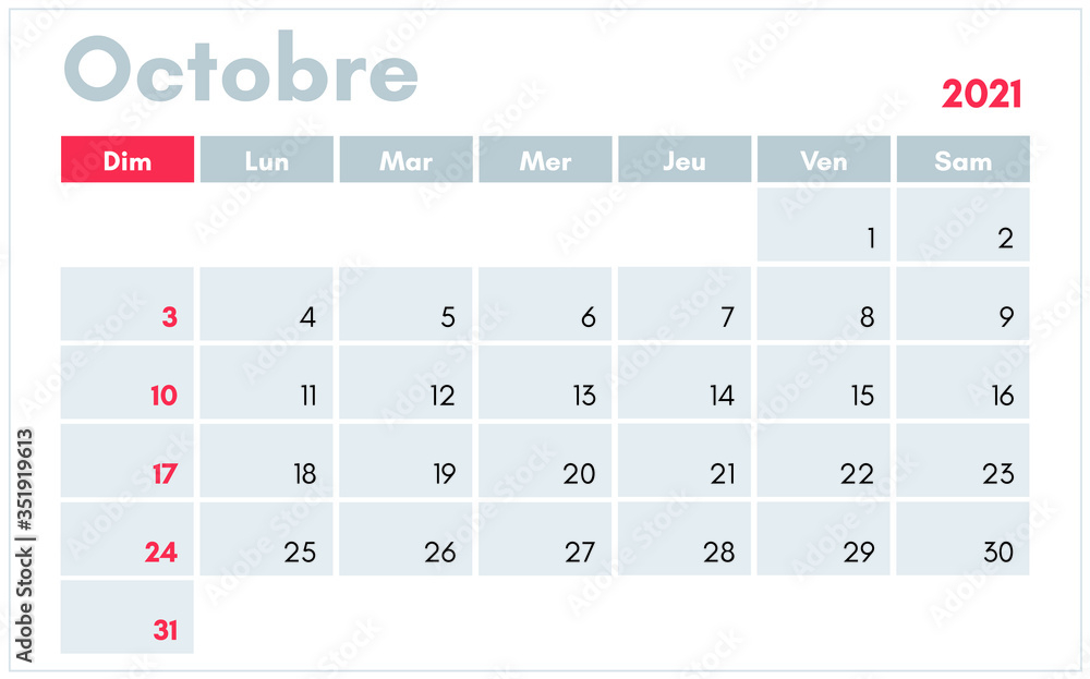 Calendrier De Octobre 2021 October 2021 Calendar In French Vector 