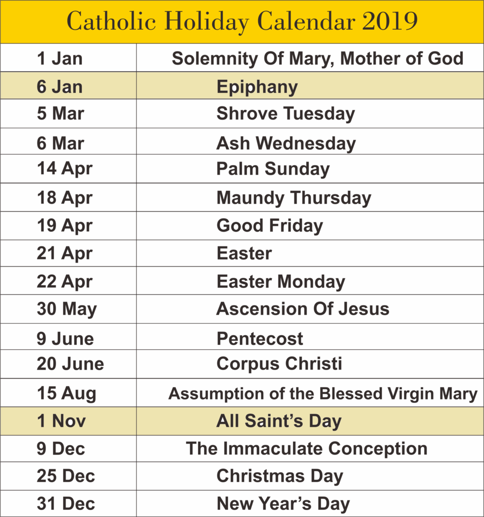 Catholic Holiday Calendar Student Study Calendar