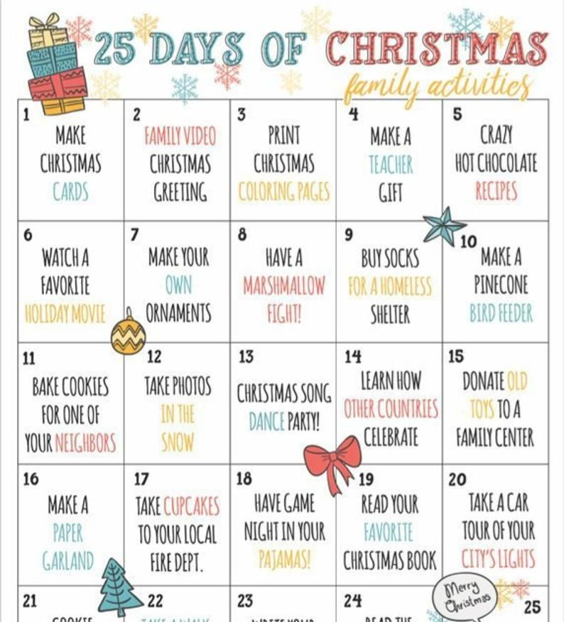 Christmas Countdown Calendar Of Fun Family Activities Etsy Advent 
