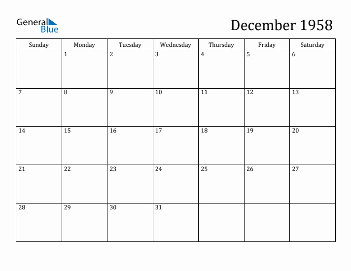 December 1958 Monthly Calendar