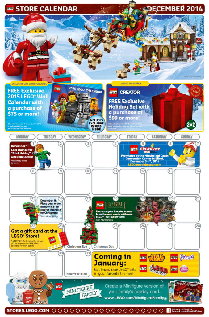 December 2014 LEGO Store Calendar Free Promos Events Bricks And Bloks