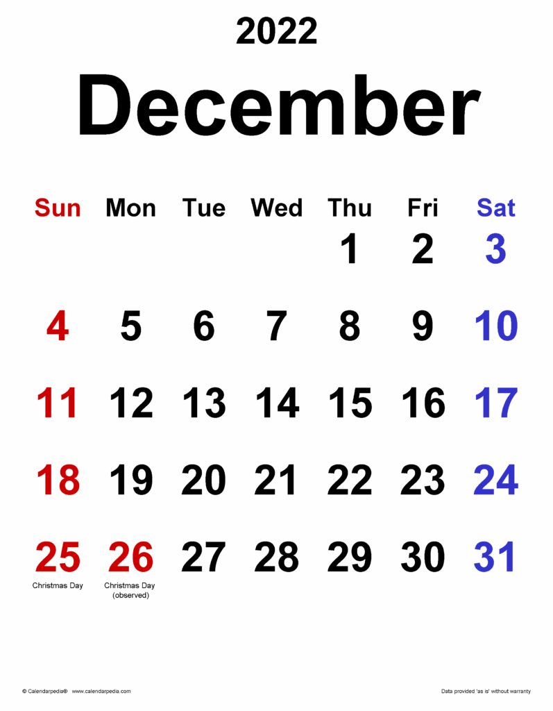 December 2022 Calendar Templates For PDF Excel And Word