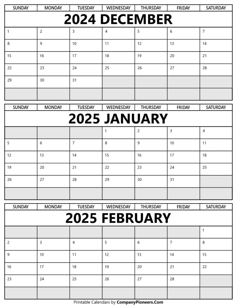 December 2024 January February 2025 Calendar Printable Template